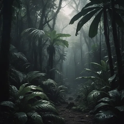 Prompt: show me a dark melancholic forest in a tropical jungle
