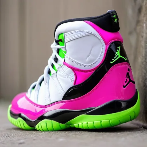 Prompt: Jordans 11s with pink and lime green