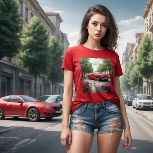 Prompt: Create a hyper realistic image of a very beautiful woman, wearing ripped denim shorts and a red t-shirt, she is European and is in an urban setting with cars, trees and buildings around 
