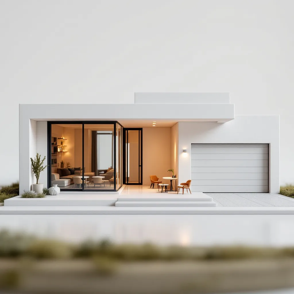 Prompt: Modern minimalist style miniature house design with a largegarage on the side. The house has 1 floor. The exterior walls are white. And has a terrace in front of it. This miniature is made with high detail, featuring a simple yet elegant interior with mini furniture such as chairs and tables. The scale of the miniature is about 1:50, with small lighting inside for a realistic effect.