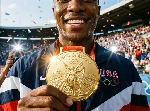 Prompt: A gold medal shining brightly on a champion's chest.