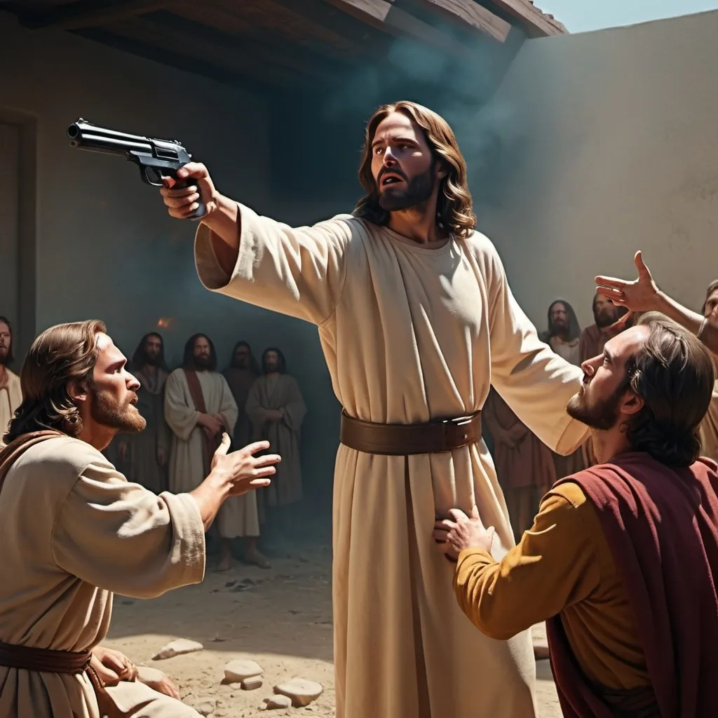 Prompt: Jesus shooting Pat Robertson


