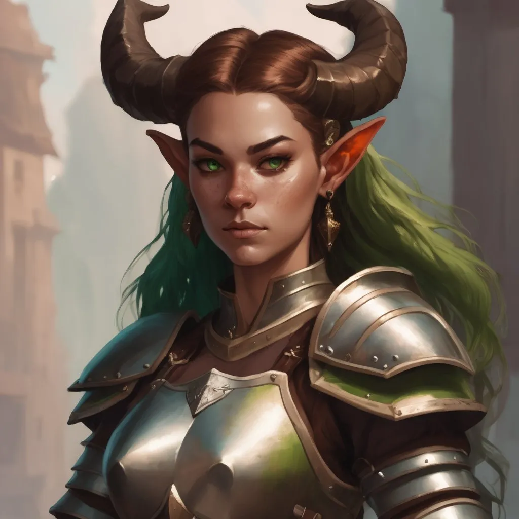 Prompt: A female Satyr, brown and green hair, scale armor, shield and warhammer in hand, dnd portrait
