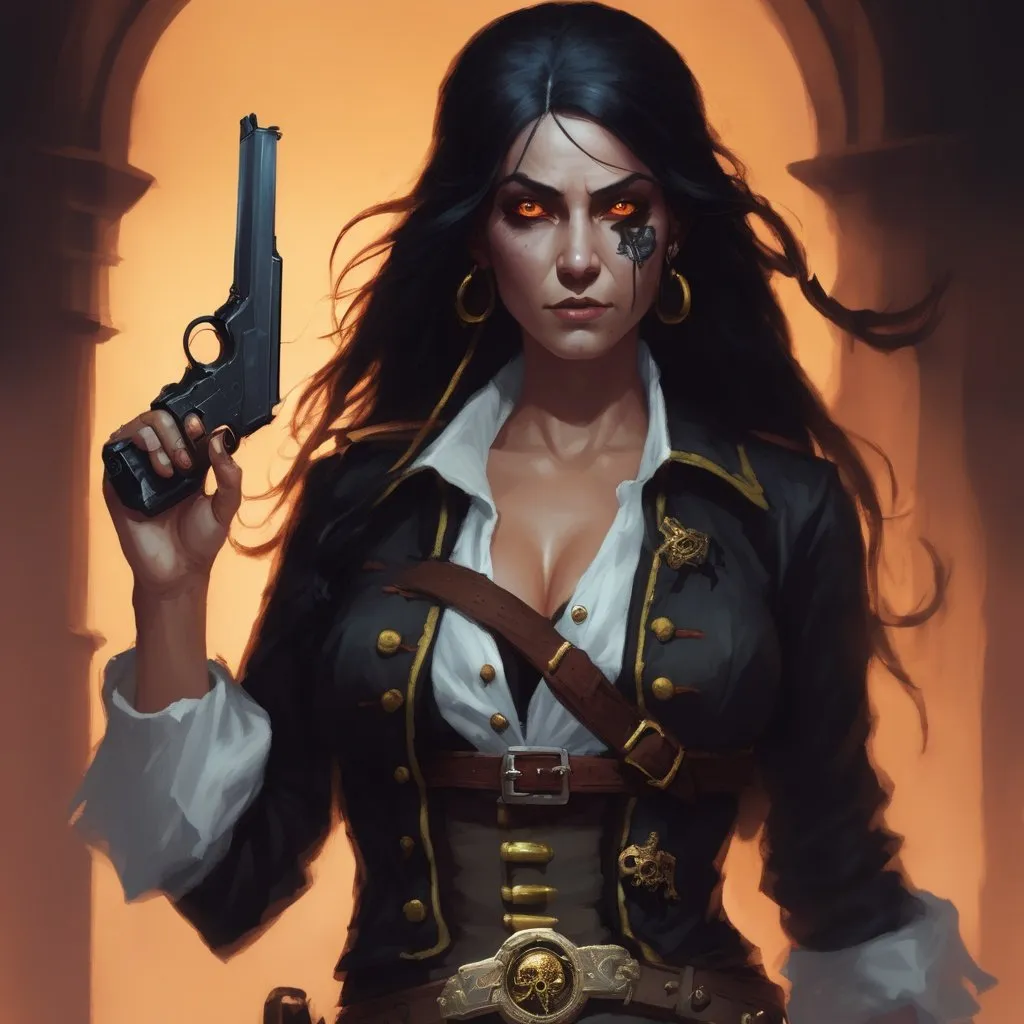 Prompt: Female Asimar, dressed as a pirate, with a pistol in hand, long black hair, glowing eyes, dnd character portrait