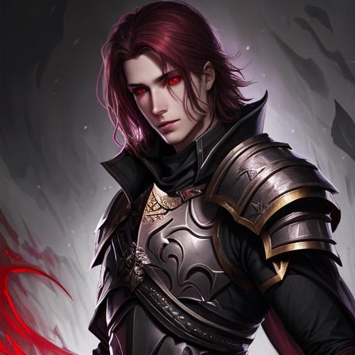 Prompt: Male Aasimar, Paladin, dark clothing, red eyes, dnd portrait