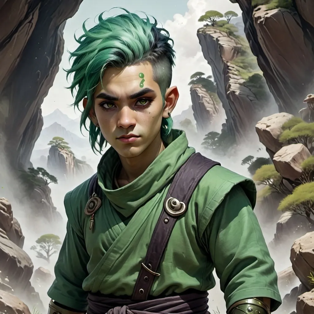 Prompt: An earth genasi who is an enby monk, with green hair and rocky skin. And black eyes