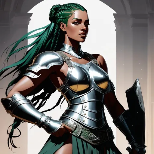 Prompt: Female centaurs , dark green hair, braids, full body silver armour, muscular, dnd portrait,