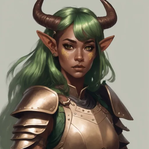 Prompt: A female Faun, brown and green hair, scale armor, shield and warhammer in hand, dnd portrait