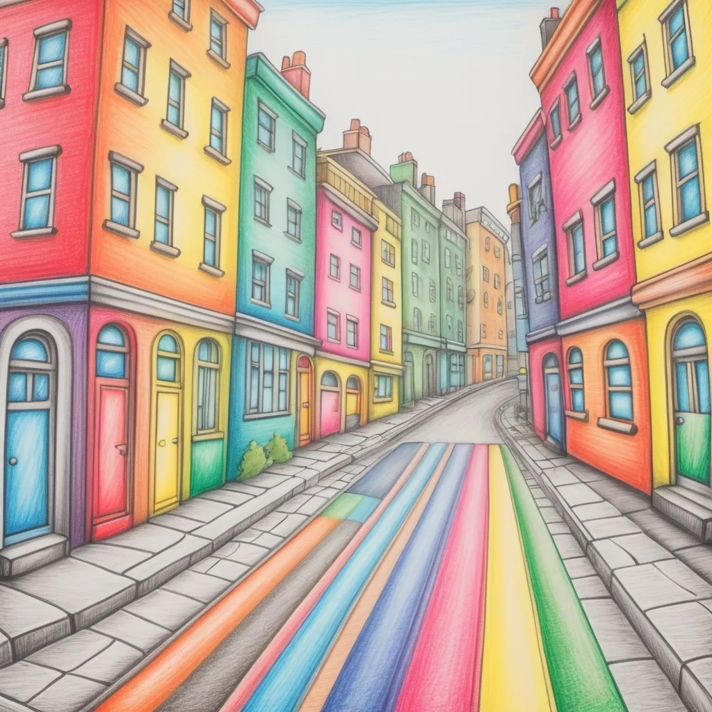 Prompt: A background of a street in the city drawn in colourful children style colour pencils.