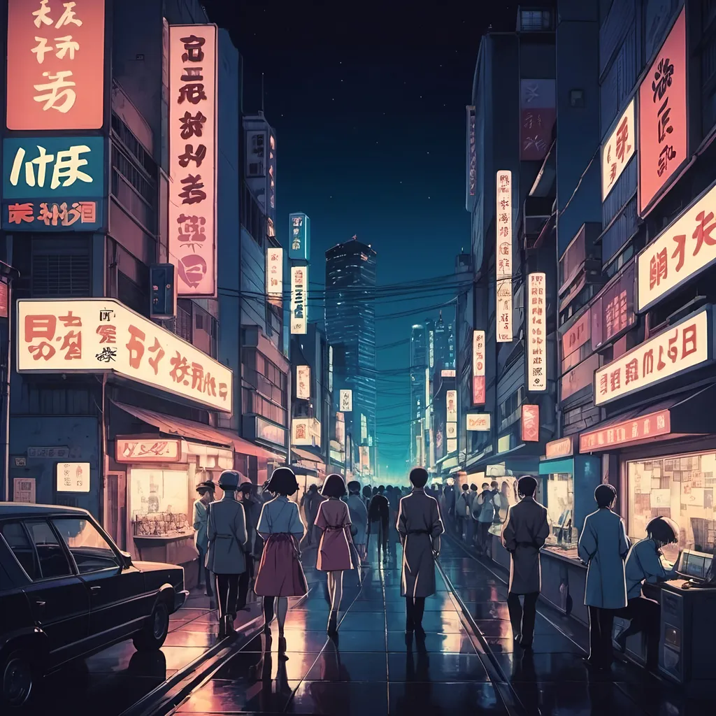 Prompt: retro anime city night life