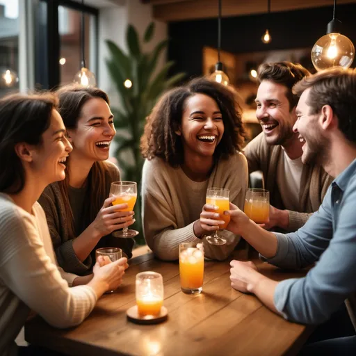 Prompt: "Several people happily chatting together, laughing and enjoying a lively conversation in a cozy setting. They are smiling, engaging with one another in a friendly and cheerful manner, with some holding drinks and others gesturing animatedly. The atmosphere is warm and welcoming, with soft lighting and a relaxed vibe."