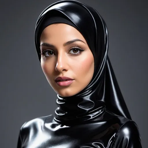 Prompt: Close-up HD photograph Create an image of a woman wearing a hijab and a full black latex outfit. The hijab should be styled traditionally, while the latex outfit should cover her entire body, emphasizing a sleek and modern look. Ensure the overall composition is respectful and tasteful.