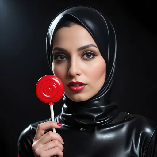 Prompt: HD close-up image of a fair-skinned hijabi woman wearing black latex, holding a red lollipop near her lips. Her top cleavage is subtly exposed. The background is dark and dim, enhancing the dramatic and alluring atmosphere 