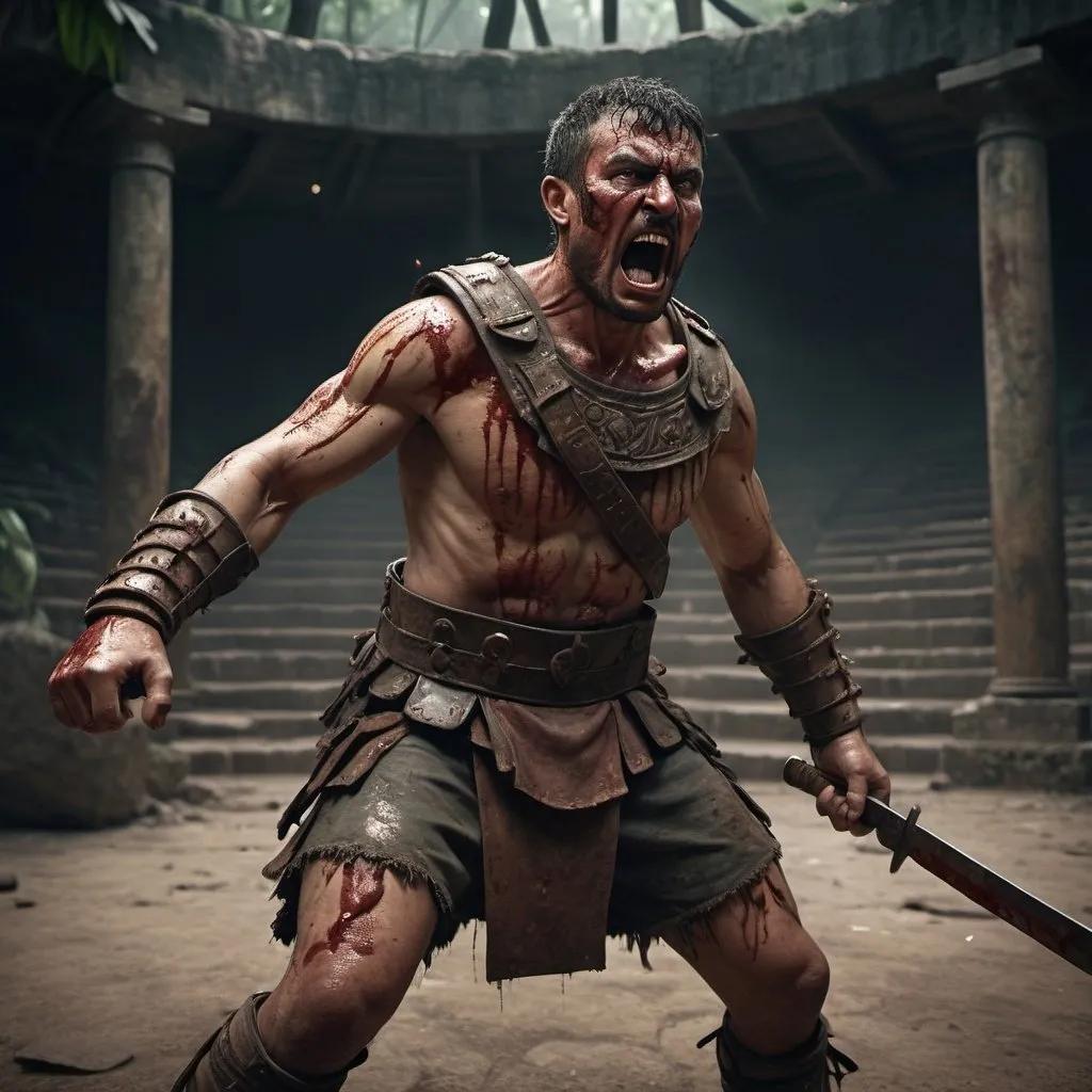 Prompt: Man who enjoys combat in pretense roman arena in Mexican jungle, brutal and intense atmosphere, high-res, realistic 3D rendering, dark and gritty, intense expression, bloodstained environment, aggressive stance, low-budget set decoration, intense lighting, detailed character design, high-quality, realistic, brutal combat, dark tones