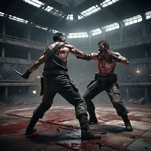 Prompt: Man enjoying combat in dystopian arena, brutal and intense atmosphere, high-res, realistic 3D rendering, dark and gritty, intense expression, bloodstained environment, aggressive stance, dystopian, intense lighting, detailed character design, high-quality, realistic, brutal combat, dark tones