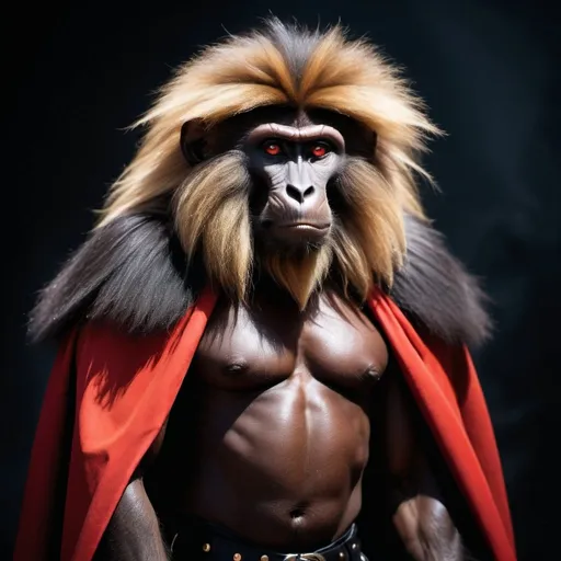 Prompt: Anthropomorphic gelada wears own fur as a cape, menacing criminal intent, fierce personality, detailed fur, intense and focused gaze, high-quality, savage, animalistic, red and dark tones, dramatic lighting, black pants