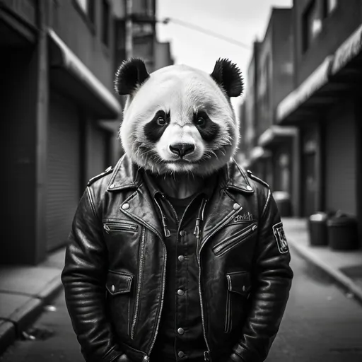 Prompt: Anthropomorphic panda thug in a leather jacket, urban street setting, detailed fur with rugged texture, intense and confident attitude, high quality, gritty and urban, black and white tones, dramatic lighting, fierce and intimidating vibe