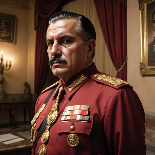 Prompt: Mexican Narco leader in fascist Roman attire, Villa Romana headquarters, imposing and grand, gold and red color scheme, detailed facial features, authoritarian posture, opulent interior, ominous lighting, highres, ultra-detailed, Roman fascist, opulence, authoritarian, Mexican Narco, grand, imposing, gold and red tones, detailed facial features, Villa Romana, atmospheric lighting