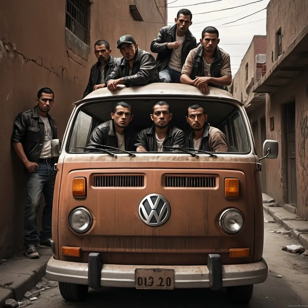 Prompt: Gang of Mexican goons in gritty urban setting, traveling in a run-down VW van, adobe walls, menacing expressions, low-key lighting, realistic digital illustration, detailed facial features, high quality, gritty, urban, menacing expressions, reggeaton, realistic, detailed facial features, low-key lighting