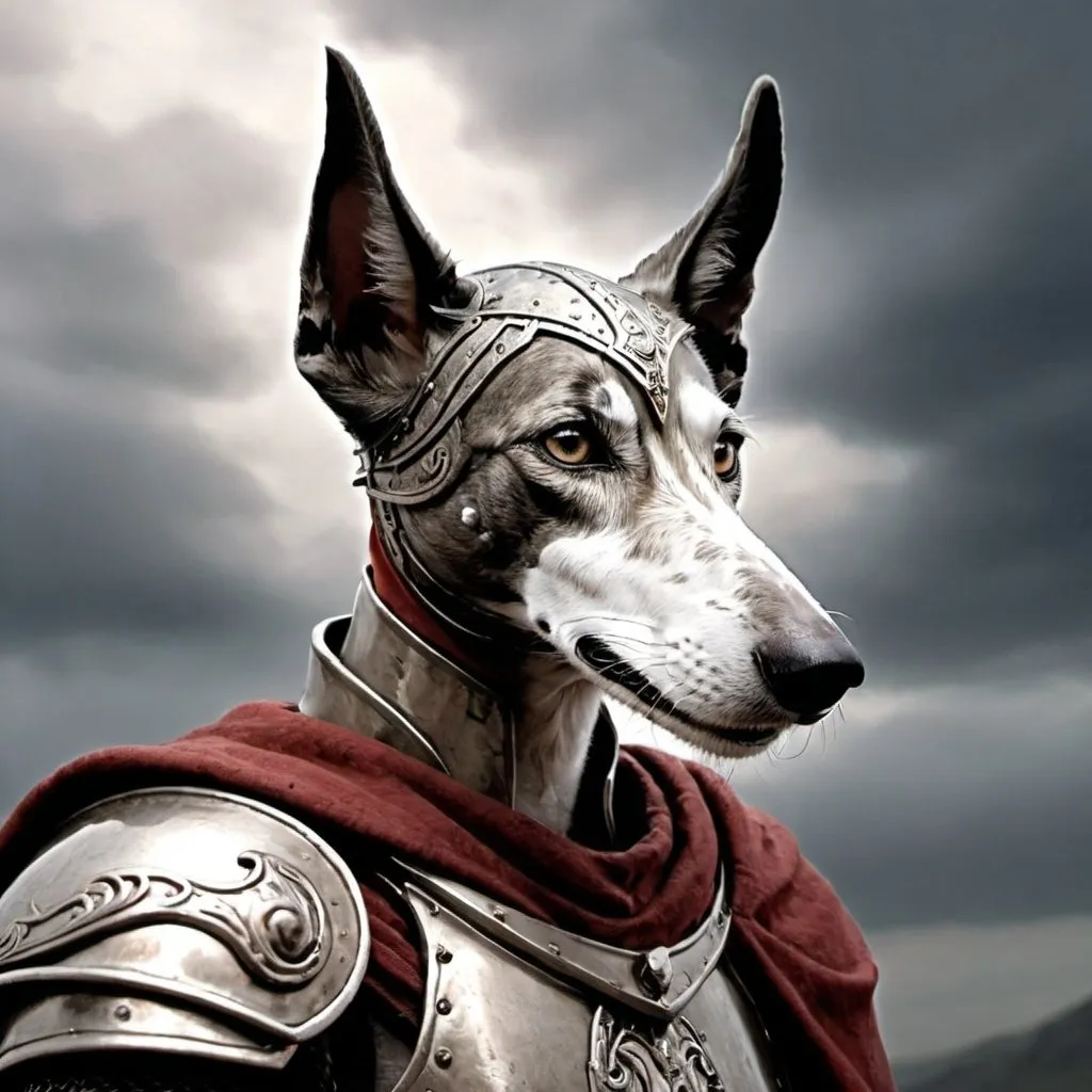 Prompt: A Fantasy hero warrior withe the head of a greyhound. 