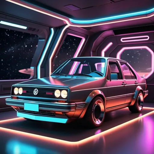 Prompt: Spaceship modification of 1987 Volkswagen Jetta, realistic 3D rendering, retro-futuristic design, metallic sheen, detailed interior controls, outer space setting, cosmic background, high tech propulsion system, sleek and aerodynamic, vibrant neon lights, high tech, spaceship, retro-futuristic, 3D rendering, metallic sheen, detailed controls, outer space, cosmic, high quality, vibrant neon lights, sleek design, realistic, atmospheric lighting
