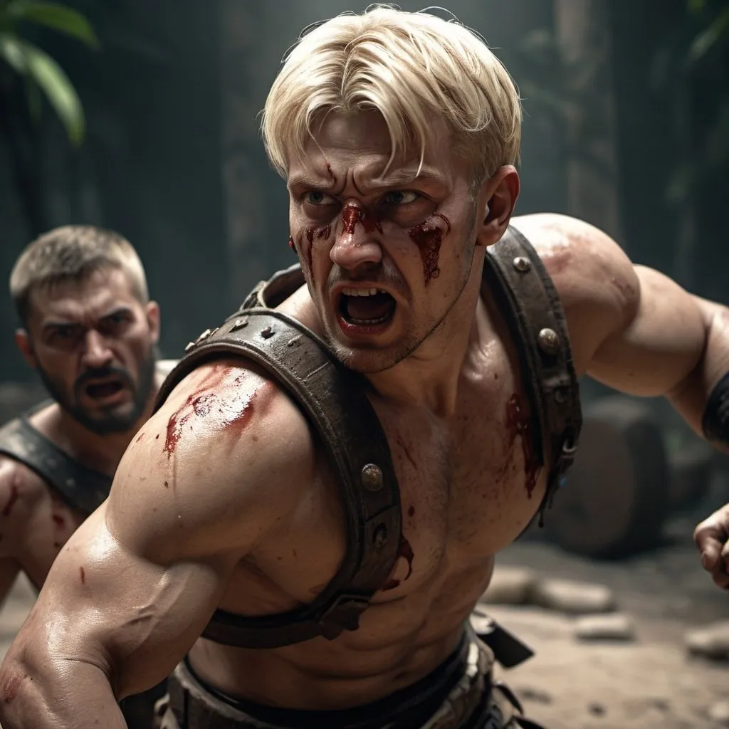 Prompt: Blonde man who enjoys combat in pretense roman arena in Mexican jungle, Narco atmosphere, brutal and intense atmosphere, high-res, realistic 3D rendering, dark and gritty, intense expression, bloodstained environment, aggressive stance, low-budget set decoration, intense lighting, detailed character design, high-quality, realistic, brutal combat, dark tones