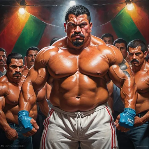 Prompt: Mexican, Fabricio, World's Strongest Man competition winner, muscular physique, 
 intense expression, vibrant colors, realistic painting, high quality, narco gang atmosphere, detailed muscles, victorious, powerful stance,  atmospheric lighting, dynamic composition