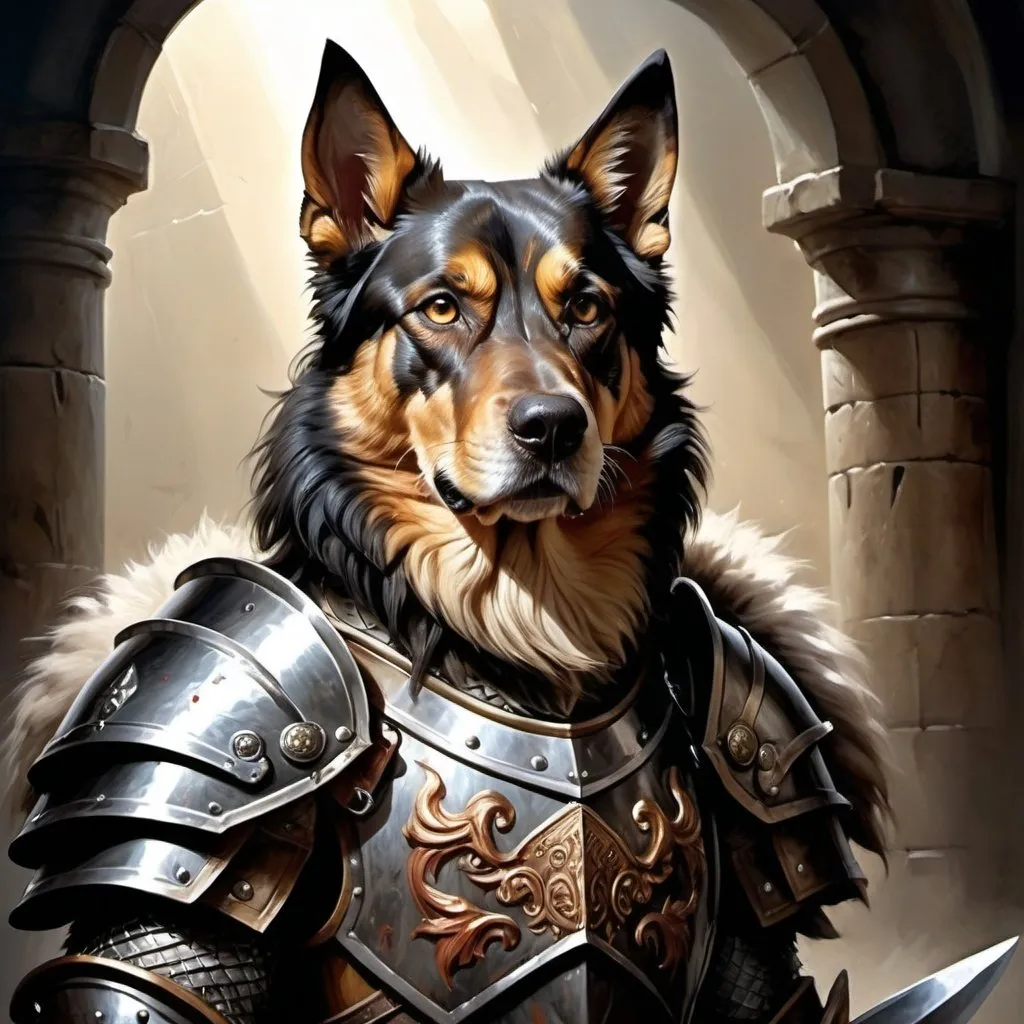 Prompt: Epic Fantasy warrior hero dog, realistic oil painting, majestic armor and battle scars, intense and fierce gaze, mythical sword and shield, detailed fur with dramatic lighting and shadows, high quality, highres, ultra-detailed, realistic, epic fantasy, intense lighting, dramatic shadows, battle scars, majestic armor