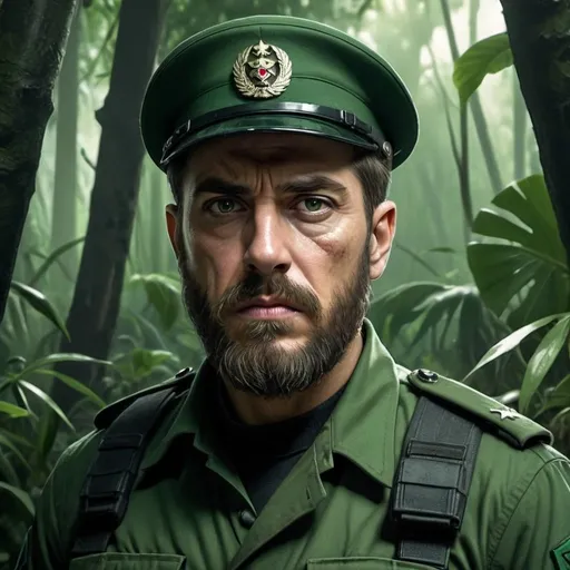 Prompt: Bearded sicario in a green fascist uniform, menacing expression, jungle environment, wrathful demeanor, detailed facial features, high quality, realistic, menacing atmosphere, jungle setting, detailed beard, intense gaze, military, dark and brooding, detailed background, professional lighting