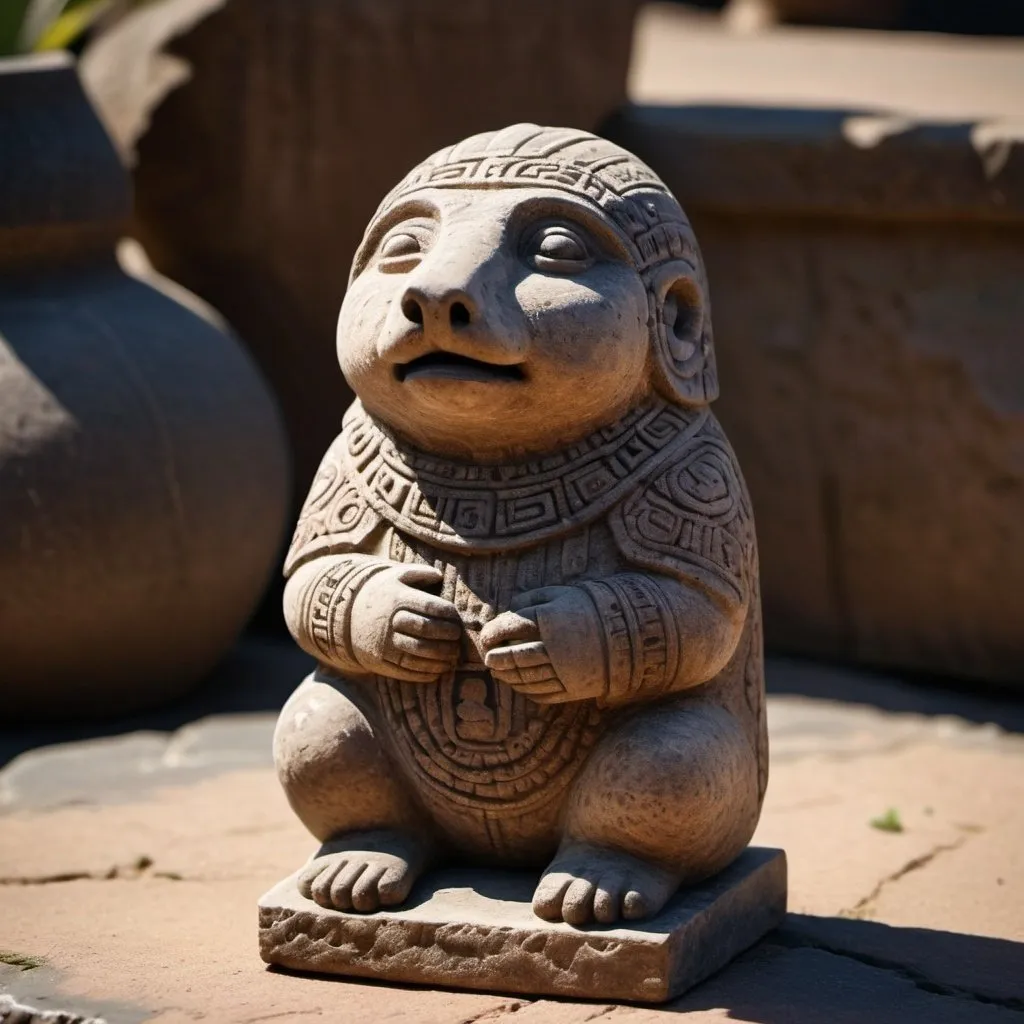 Prompt: Small statue of the Toltec Mole, ancient stone sculpture, intricate carvings, aged and weathered appearance, high quality, realistic, ancient civilization, earthy tones, warm lighting, detailed textures, historical, mystical