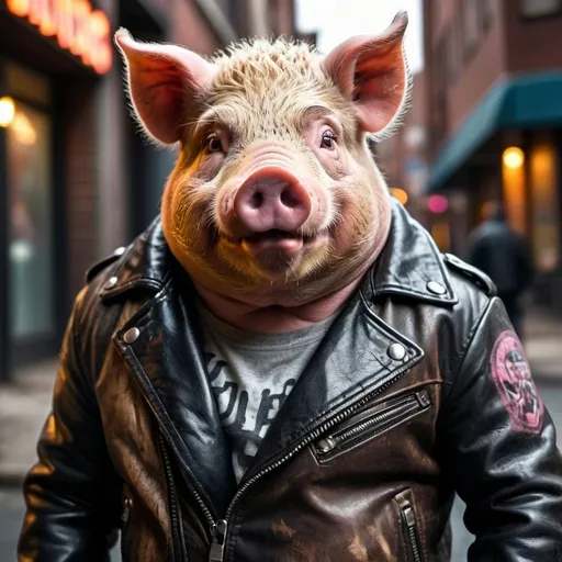 Prompt: Anthropomorphic pig thug in a leather jacket, urban street setting, detailed fur with rugged texture, intense and confident attitude, high quality, gritty and urban,  picturesque colors, dramatic lighting, fierce and intimidating vibe