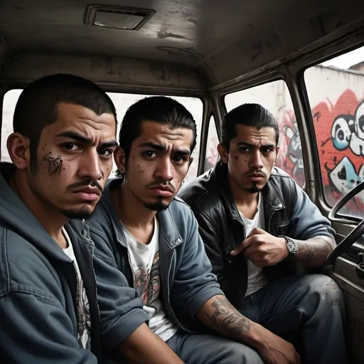 Prompt: Gang of Mexican goons in gritty urban setting, traveling in a run-down van, graffiti-covered walls, menacing expressions, low-key lighting, realistic digital illustration, detailed facial features, high quality, gritty, urban, menacing expressions, realistic, detailed facial features, low-key lighting
