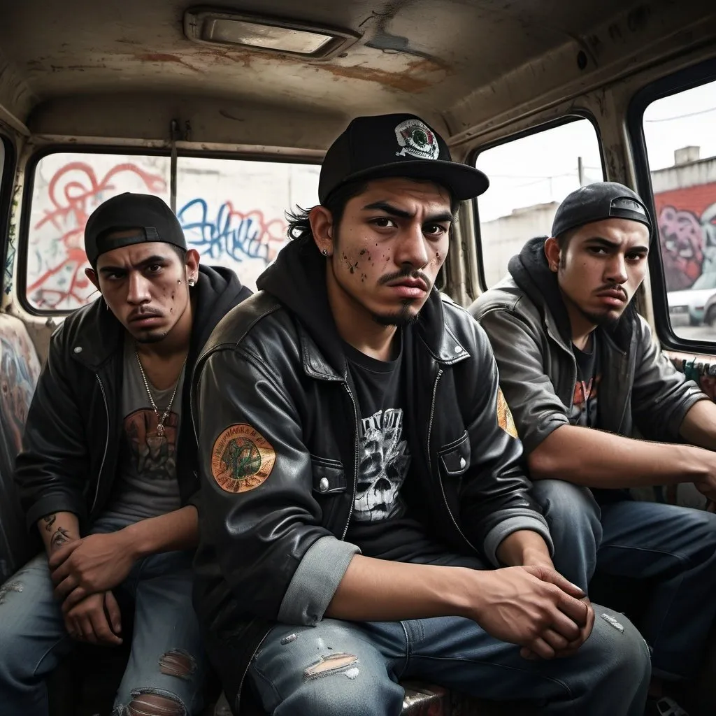 Prompt: Gang of Mexican goons in gritty urban setting, traveling in a run-down van, graffiti-covered walls, menacing expressions, low-key lighting, realistic digital illustration, detailed facial features, high quality, gritty, urban, menacing expressions, realistic, detailed facial features, low-key lighting