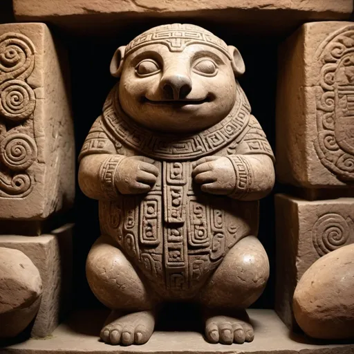 Prompt: Small statue of the Toltec Mole, ancient stone sculpture, intricate carvings in a style similar to the Atlanteans of Tula, aged and weathered appearance, high quality, realistic, ancient civilization, earthy tones, warm lighting, detailed textures,  historical, mystical