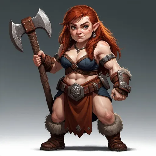 Prompt: Female Dwarf Berserker with Auburn hair holding a two handed great axe.