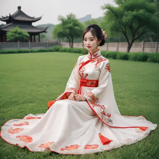 Prompt: Chinese style wedding dress girl on the lawn