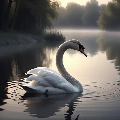 Prompt: (swan in solitude), (sad), mournful setting, reflective water, gentle ripples, soft gray tones, misty background, serene yet somber atmosphere, feathers ruffled by a quiet breeze, golden hour lighting, ethereal mood, loneliness emphasized, ultra-detailed, 4K.