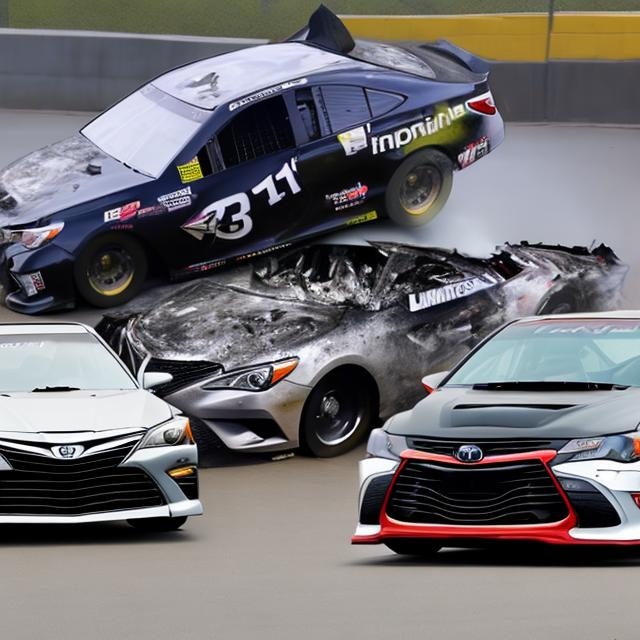 Prompt: Toyota Camry crashed with a NASCAR Hyundai Sonata and a Chevy SS 