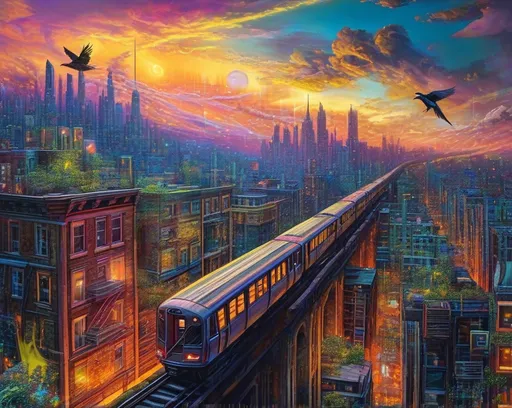 Prompt: a painting of a city with a train going through it and a bird flying over it in the sky, Android Jones, psychedelic art, highly detailed digital art, cyberpunk art