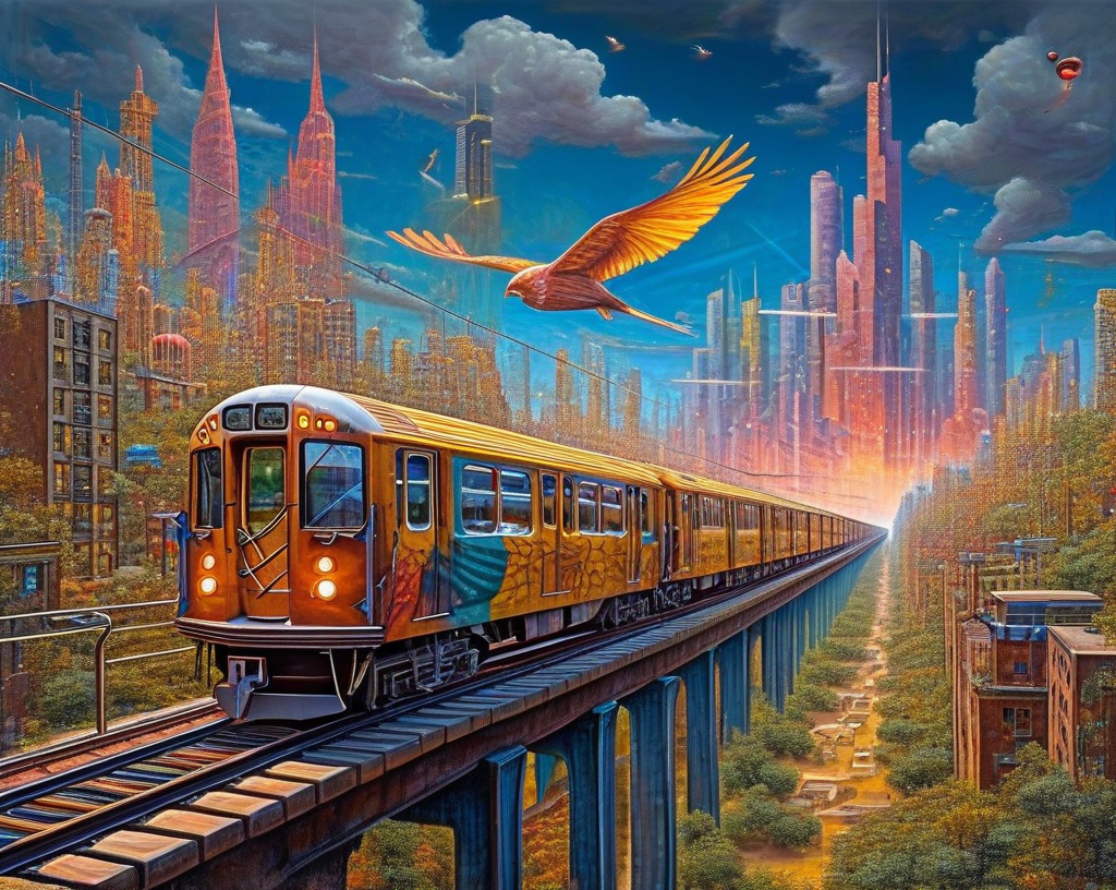 Prompt: a painting of a city with a train going through it and a bird flying over it in the sky, Android Jones, psychedelic art, highly detailed digital art, cyberpunk art