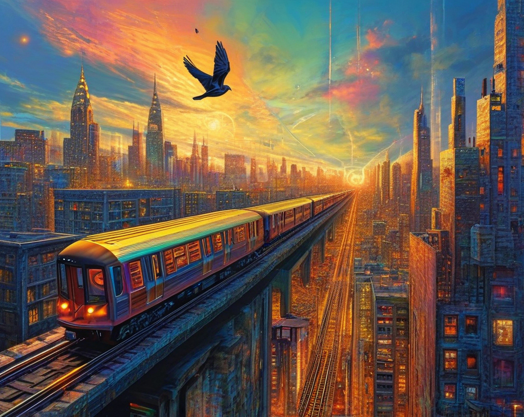 Prompt: a painting of a city with a train going through it and a bird flying over it in the sky, Android Jones, psychedelic art, highly detailed digital art, cyberpunk art