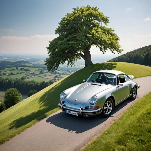 Prompt: Porsche 911 1948 trees on top of he a hill sunny
