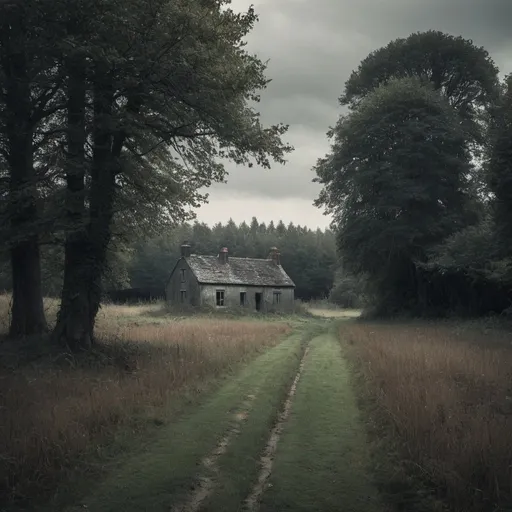 Prompt: A melancholic field, with a overall dark tint, a forest to the left, an abandoned cottage between a small crowd of trees to the right.
