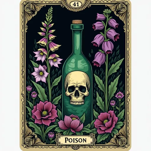 Prompt: tarot card illustration of "Poison" — a glass bottle with a skull symbol, surrounded by poisonous flowers: datura, foxglove, and Paris quadrifolia (deadly nightshade-like plants), dark green and purple palette, eerie and gothic, detailed floral design, ornate tarot border, mystical and dangerous