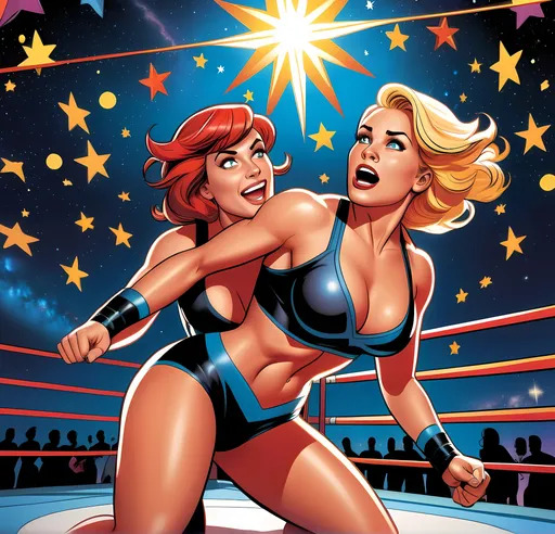 Prompt: Cartoon illustration of Eve Ryder wrestling, stars in the background, giantess art, detailed facial expressions, vibrant colors, whimsical style, comic book, context art, surreal, best quality, highres, expressive, giantess art, detailed facial expressions, vibrant colors, surreal, whimsical, dynamic lighting