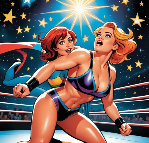 Prompt: Cartoon illustration of Eve Ryder wrestling, stars in the background, giantess art, detailed facial expressions, vibrant colors, whimsical style, comic book, context art, surreal, best quality, highres, expressive, giantess art, detailed facial expressions, vibrant colors, surreal, whimsical, dynamic lighting