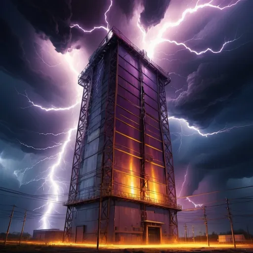 Prompt: Electric storm swirling around a towering generator, intense lightning bolts, crackling energy, ominous dark clouds, high voltage atmosphere, digital painting, vibrant and electric color palette, dynamic and dramatic lighting, high energy, intense, futuristic, sci-fi, electricity, towering structure, swirling storm, digital art, vibrant colors, dramatic lighting, high voltage