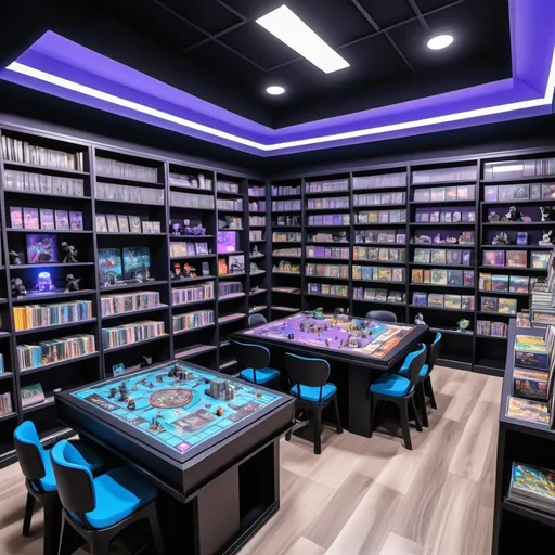 Prompt: Anime cyberpunk theme board game library. The have lavender walls and black bookshelves with a bunch of games and figurines on them. The room has black oak tables and blue cushioned chairs.