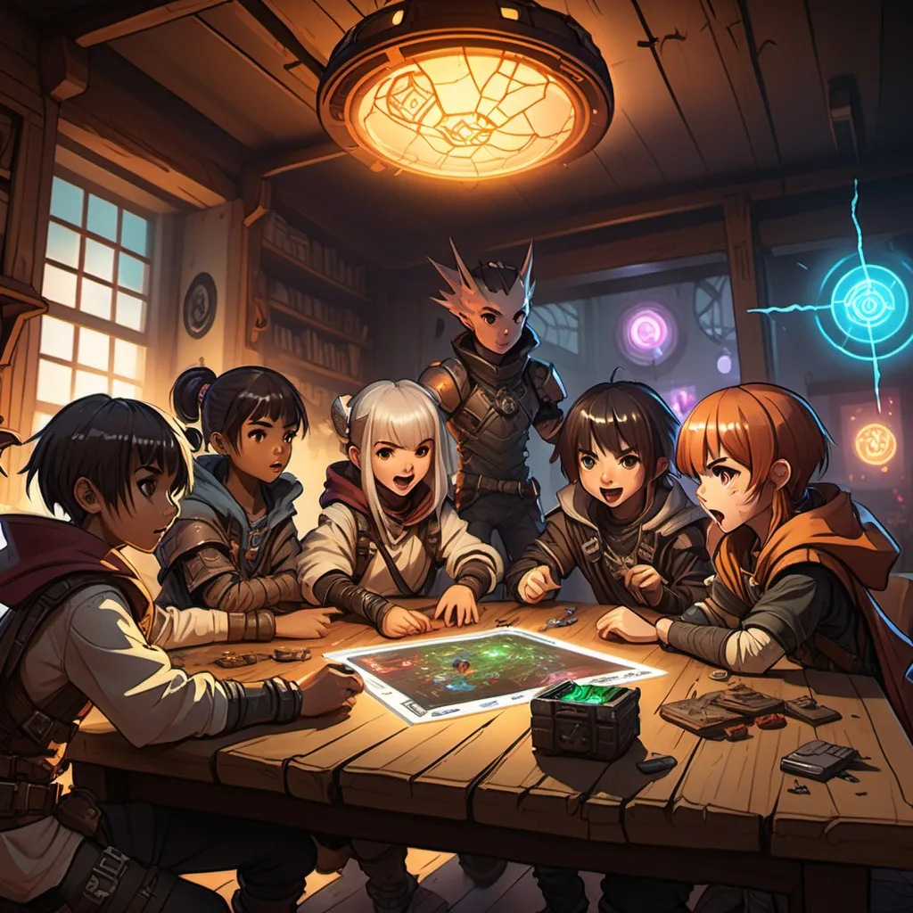 Prompt: A semi-diverse group of excited anime style children playing Dungeons and Dragons around a large  oak table in a warm lit room cyberpunk themed.