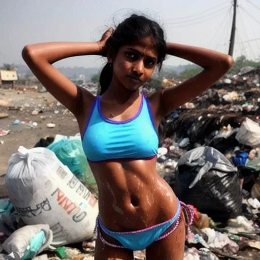 Prompt: Indian,schoolgirls,fit,cute,beautiful, skimpy swimwear,garbage dump,sweaty